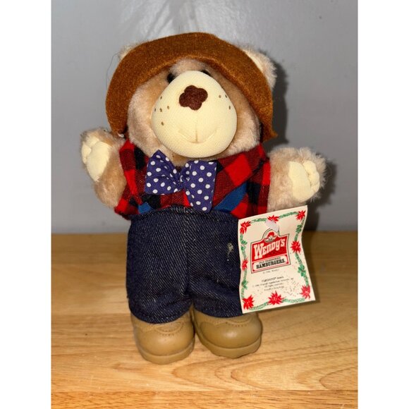 Wendys 1986 Furskins Dudley Plush Bear Toy In Cowboy Outfit With Jeans & Bow Tie - Picture 1 of 7